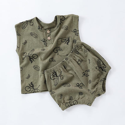 ノースリーブTシャツとショートパンツのリーフ柄セット（カーキ）