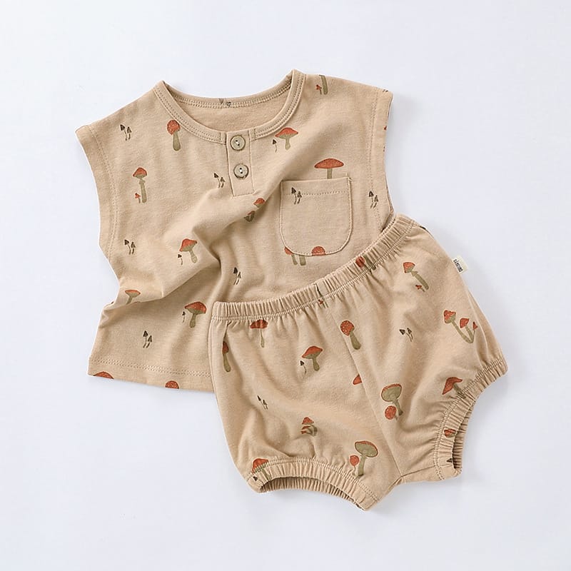 Sleeveless Fruit Pattern Shorts Set フルーツ 半袖Tシャツ ショートパンツ セット【mh0013586】 Khaki / 73cm Beitaoya ノースリーブセットアップ