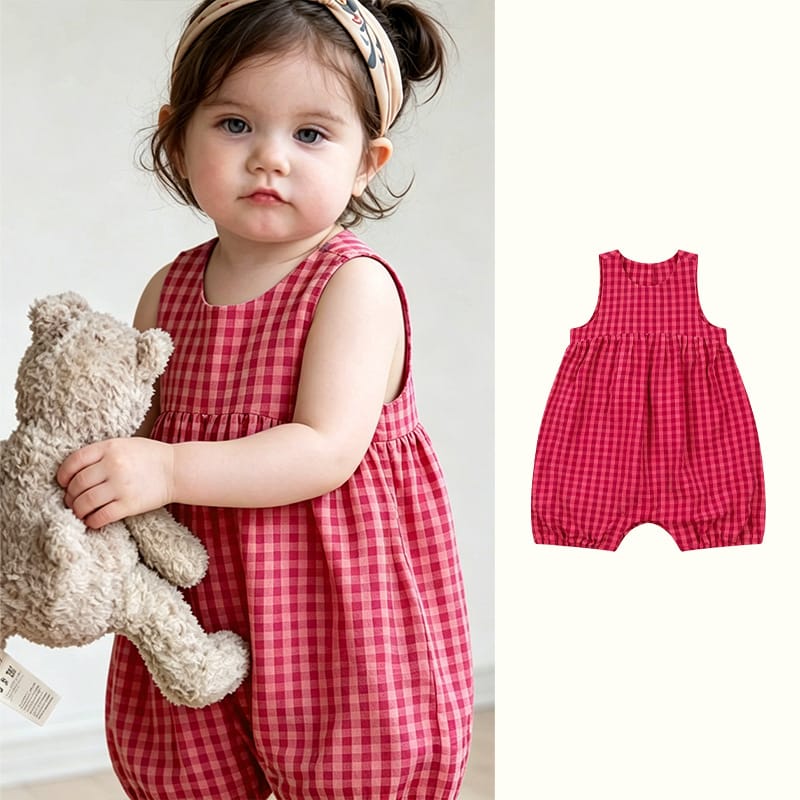 Sleeveless Plaid Gathering Romper チェック ノースリーブロンパース【mh0013495】 Beitaoya ノースリーブロンパース