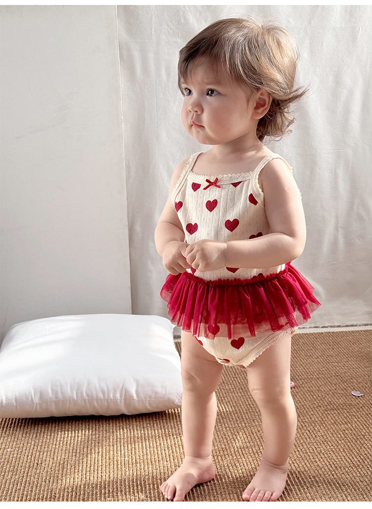Sleeveless Ruffle Patterned Tulle Dress Romper ハート チュール ノースリーブロンパース【mh0013592】 Beitaoya ノースリーブロンパース