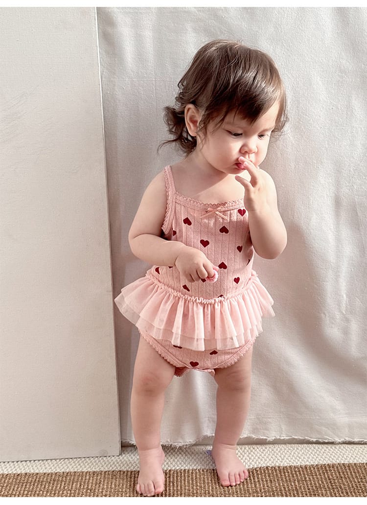 Sleeveless Ruffle Patterned Tulle Dress Romper ハート チュール ノースリーブロンパース【mh0013592】 Beitaoya ノースリーブロンパース