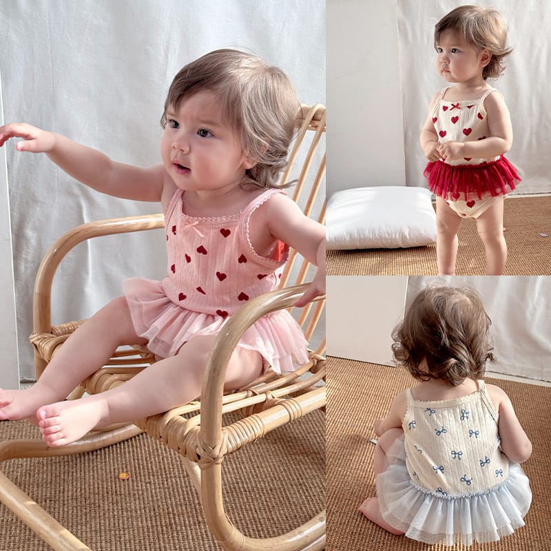 Sleeveless Ruffle Patterned Tulle Dress Romper ハート チュール ノースリーブロンパース【mh0013592】 Beitaoya ノースリーブロンパース