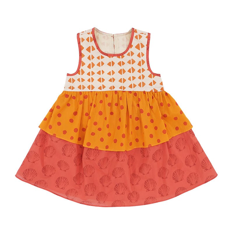 Sleeveless Ruffled Dress 幾何学模様 ノースリーブワンピース【mh0013211】 Orange / 100cm RICE & SKY ノースリーブワンピース