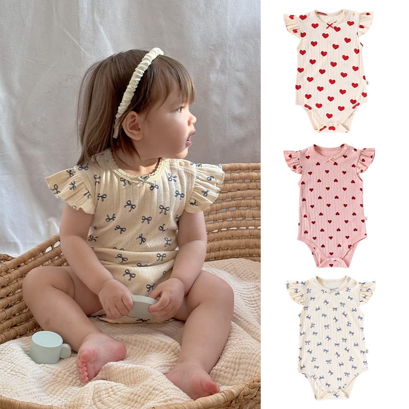 Sleeveless Ruffled Pattern Cotton Romper ハート ノースリーブロンパース【mh0013591】 Beitaoya 半袖ロンパース