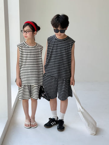 Sleeveless Sporty Stripe Set ボーダー タンクトップ ハーフパンツ セット【mh0013534】 KUMAI.KIDS ノースリーブセットアップ