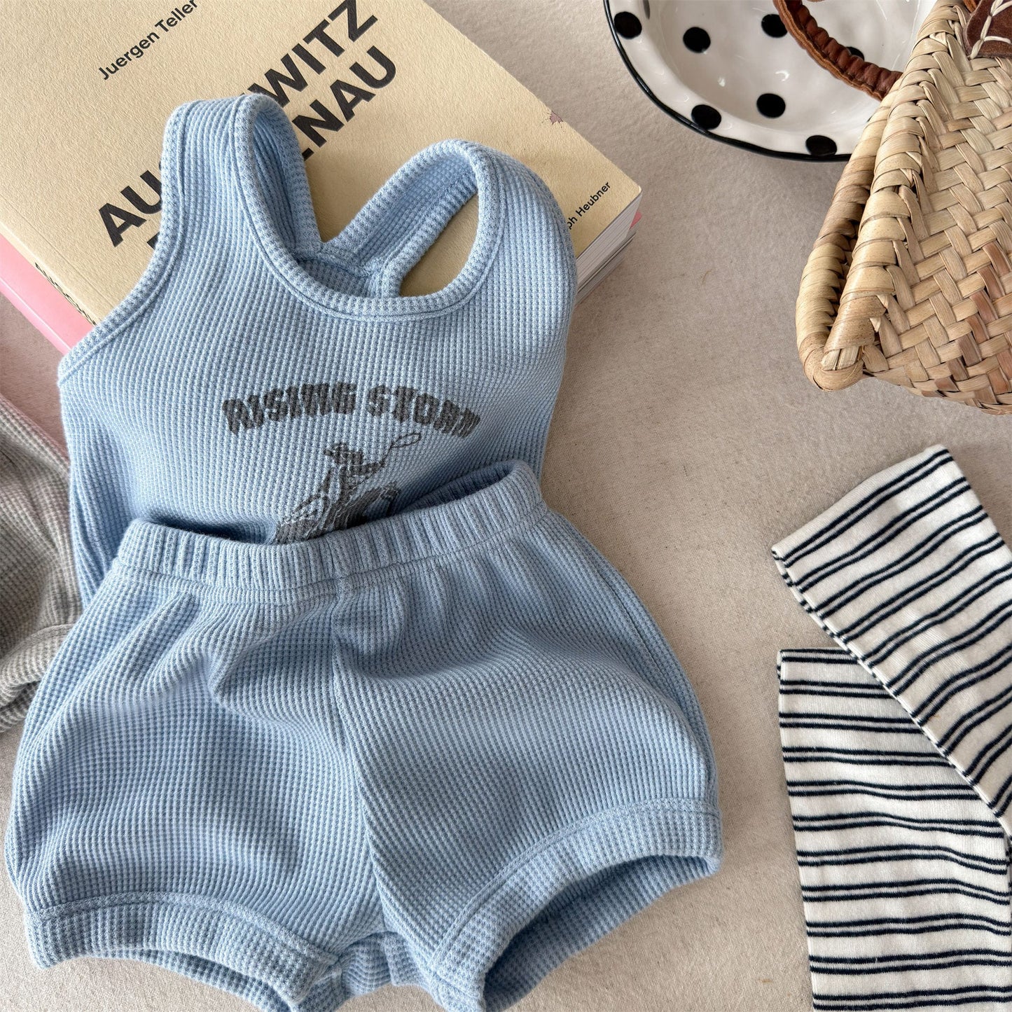 Sleeveless Waffle Logo Tank Shorts Set アメカジ タンクトップ ショートパンツ セット【mh0013451】 Blue / 80cm ADbaby ノースリーブセットアップ