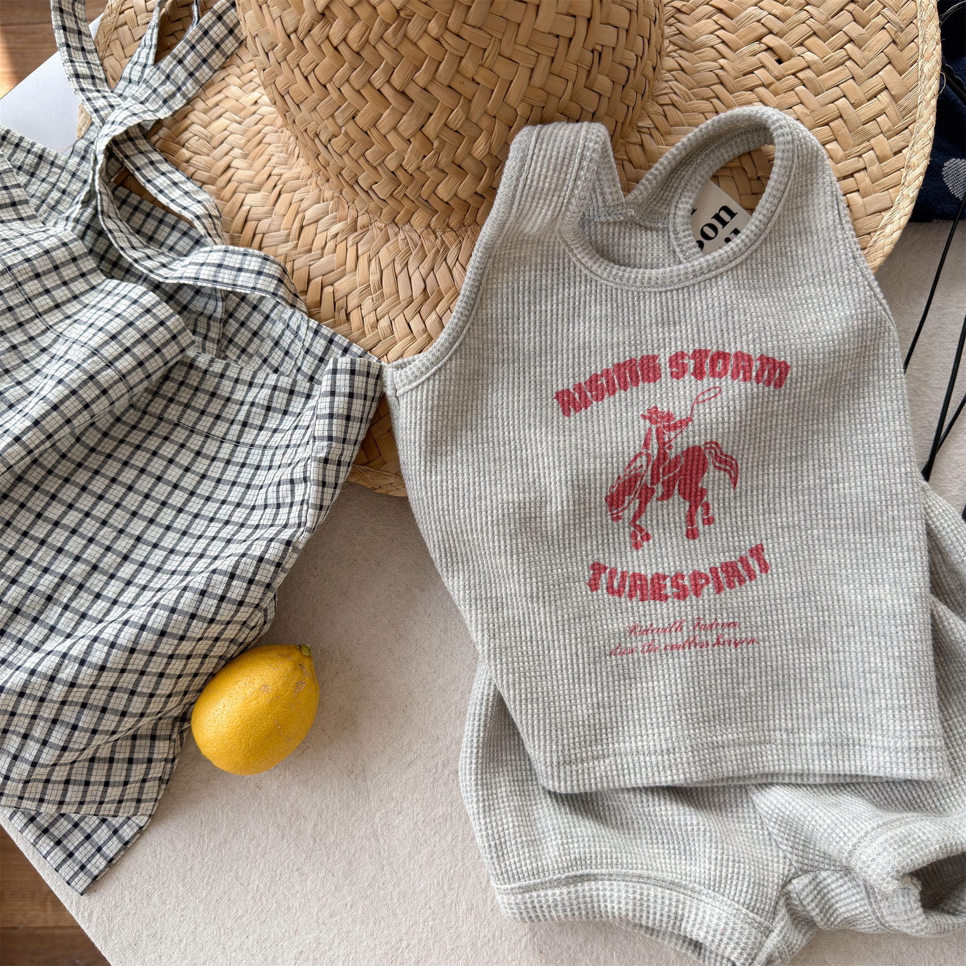 Sleeveless Waffle Logo Tank Shorts Set アメカジ タンクトップ ショートパンツ セット【mh0013451】 Light Gray / 80cm ADbaby ノースリーブセットアップ
