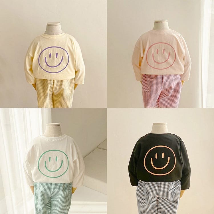 Smiley Long Sleeve Tee & Plaid Pants Set スマイル プリント チェック柄 セットアップ【mh0012672】 BBAMMA 長袖セットアップ