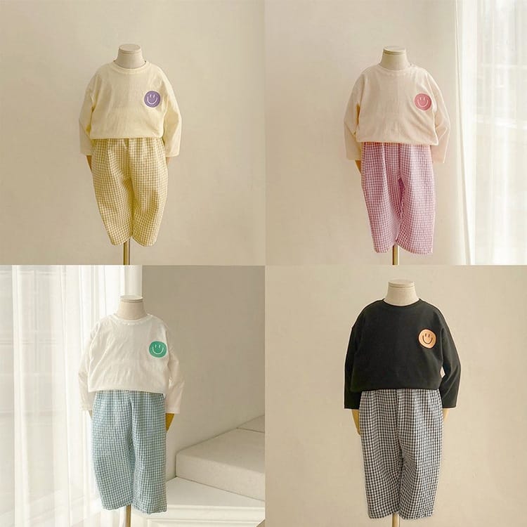 Smiley Long Sleeve Tee & Plaid Pants Set スマイル プリント チェック柄 セットアップ【mh0012672】 BBAMMA 長袖セットアップ