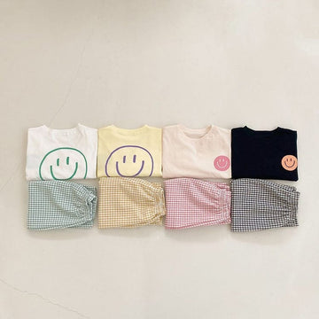Smiley Long Sleeve Tee & Plaid Pants Set スマイル プリント チェック柄 セットアップ【mh0012672】 BBAMMA 長袖セットアップ
