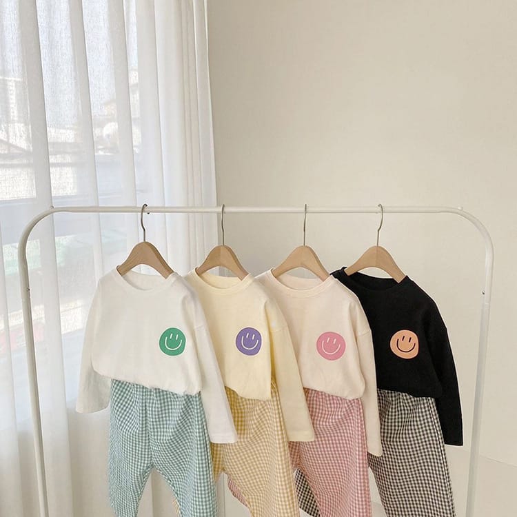 Smiley Long Sleeve Tee & Plaid Pants Set スマイル プリント チェック柄 セットアップ【mh0012672】 BBAMMA 長袖セットアップ