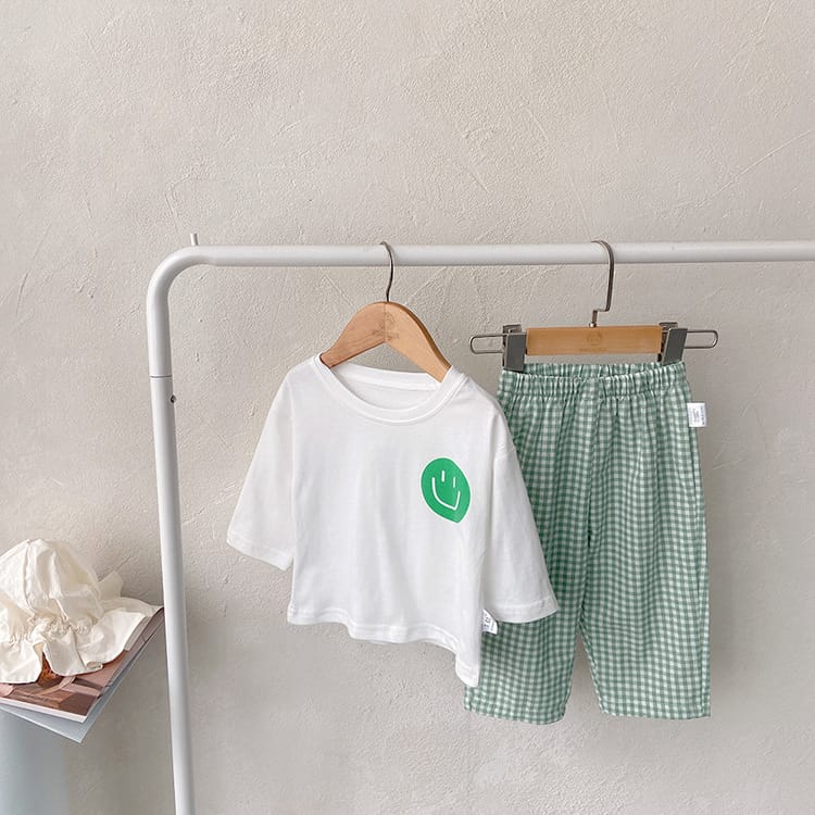 Smiley Long Sleeve Tee & Plaid Pants Set スマイル プリント チェック柄 セットアップ【mh0012672】 Green / 73cm BBAMMA 長袖セットアップ