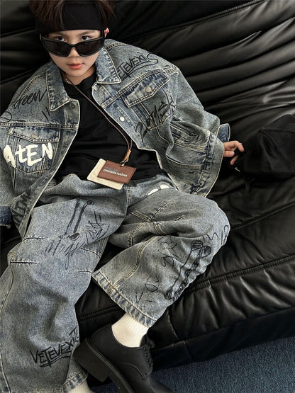 長袖セットアップ キッズセットアップ 2点セット レターロゴプリントデニムジェケット+ルーズデニムパンツジーンズ【mh0009132】