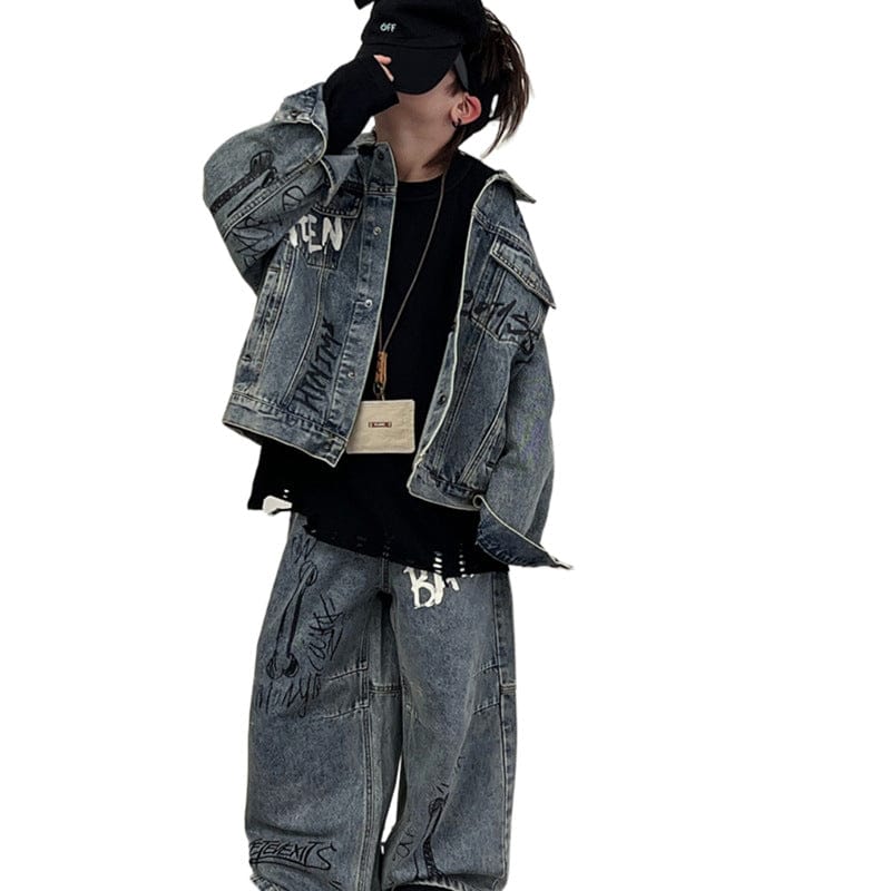 長袖セットアップ キッズセットアップ 2点セット レターロゴプリントデニムジェケット+ルーズデニムパンツジーンズ【mh0009132】