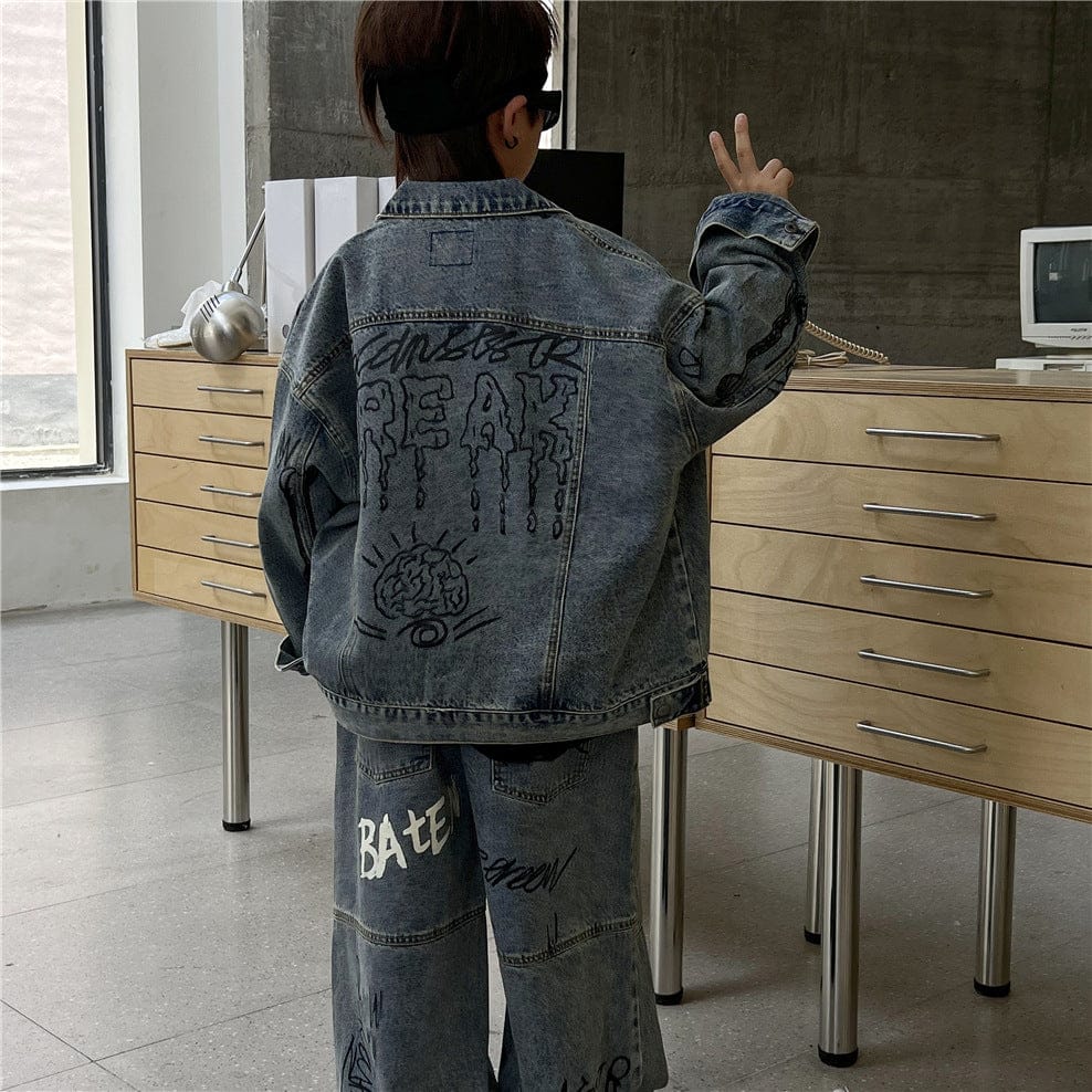 長袖セットアップ キッズセットアップ 2点セット レターロゴプリントデニムジェケット+ルーズデニムパンツジーンズ【mh0009132】