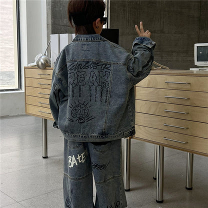 長袖セットアップ キッズセットアップ 2点セット レターロゴプリントデニムジェケット+ルーズデニムパンツジーンズ【mh0009132】