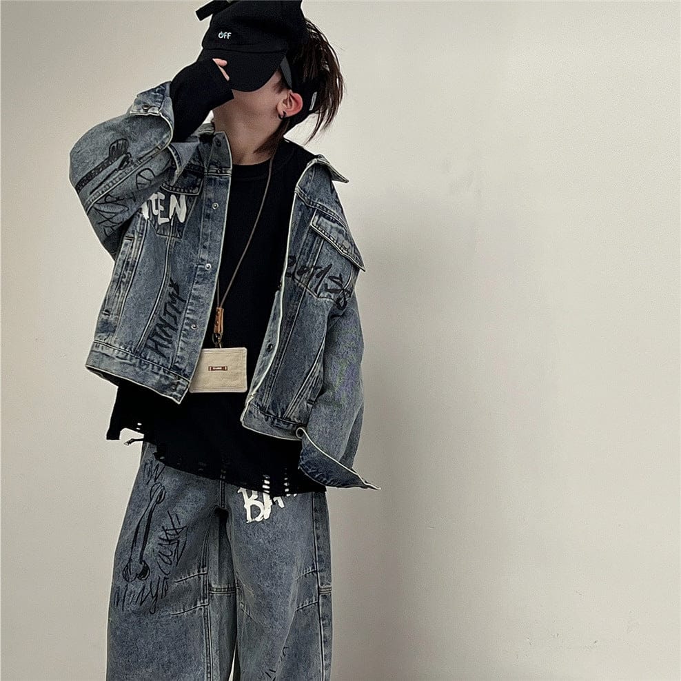 長袖セットアップ キッズセットアップ 2点セット レターロゴプリントデニムジェケット+ルーズデニムパンツジーンズ【mh0009132】