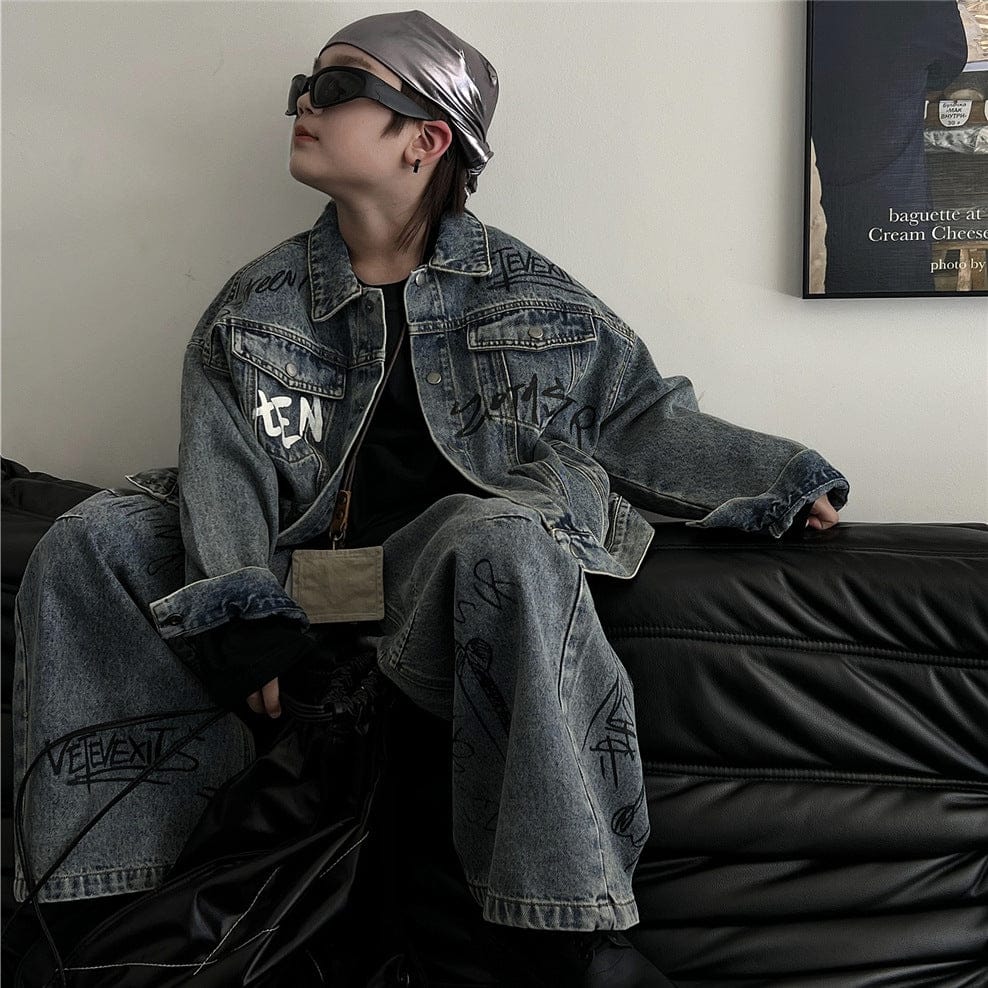 長袖セットアップ キッズセットアップ 2点セット レターロゴプリントデニムジェケット+ルーズデニムパンツジーンズ【mh0009132】