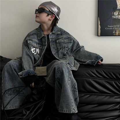 長袖セットアップ キッズセットアップ 2点セット レターロゴプリントデニムジェケット+ルーズデニムパンツジーンズ【mh0009132】