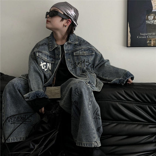 長袖セットアップ キッズセットアップ 2点セット レターロゴプリントデニムジェケット+ルーズデニムパンツジーンズ【mh0009132】