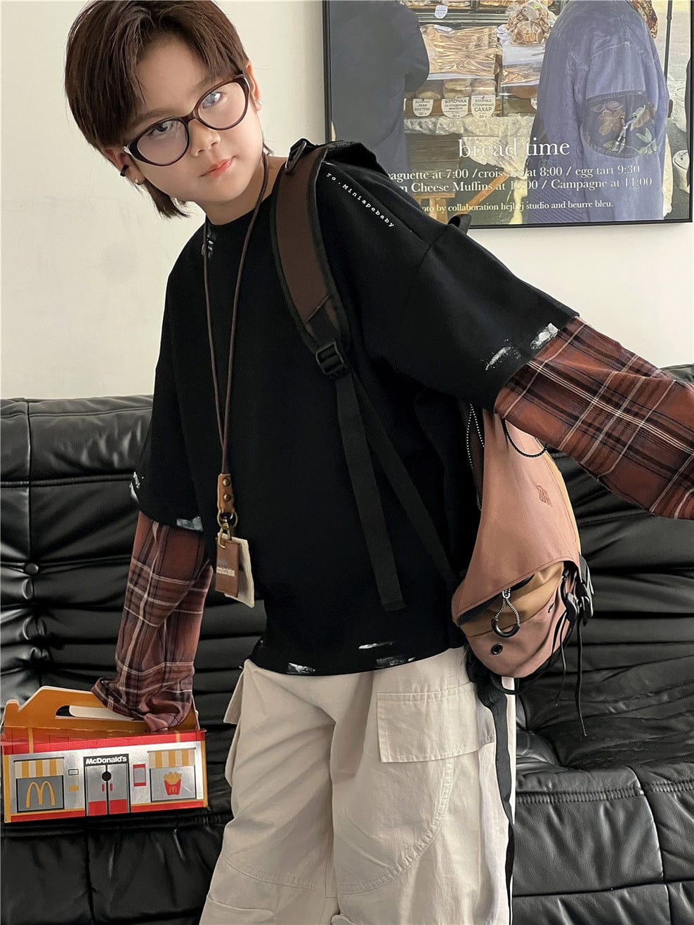 長袖シャツ・ブラウス Black / 100cm キッズトップス チェックシャツドッキング長袖Tシャツ【mh0009136】