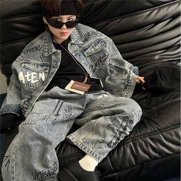 長袖セットアップ Denim Blue / 100cm キッズセットアップ 2点セット レターロゴプリントデニムジェケット+ルーズデニムパンツジーンズ【mh0009132】