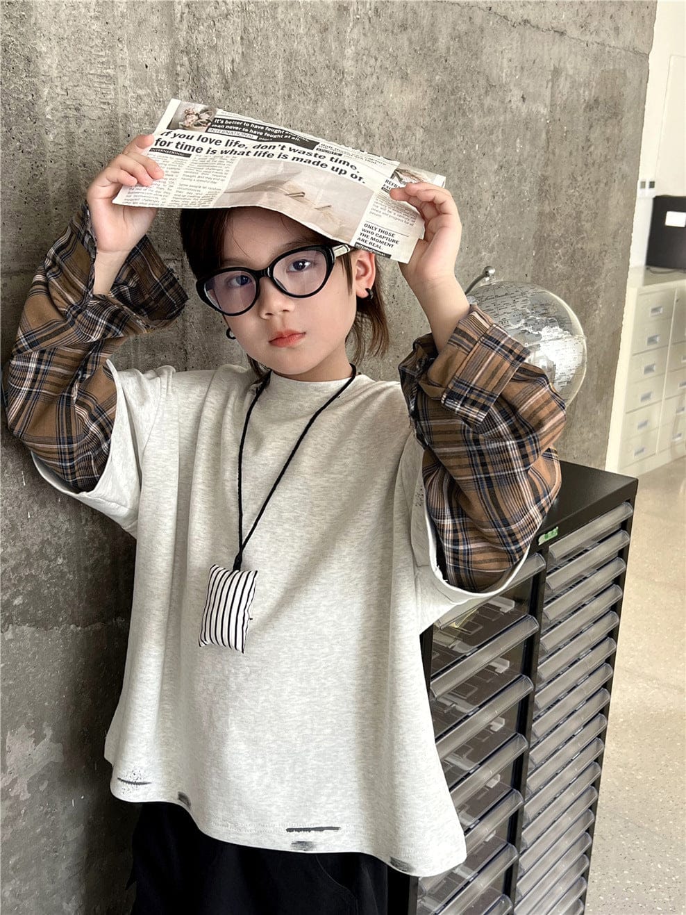 長袖シャツ・ブラウス Gray / 100cm キッズトップス チェックシャツドッキング長袖Tシャツ【mh0009136】