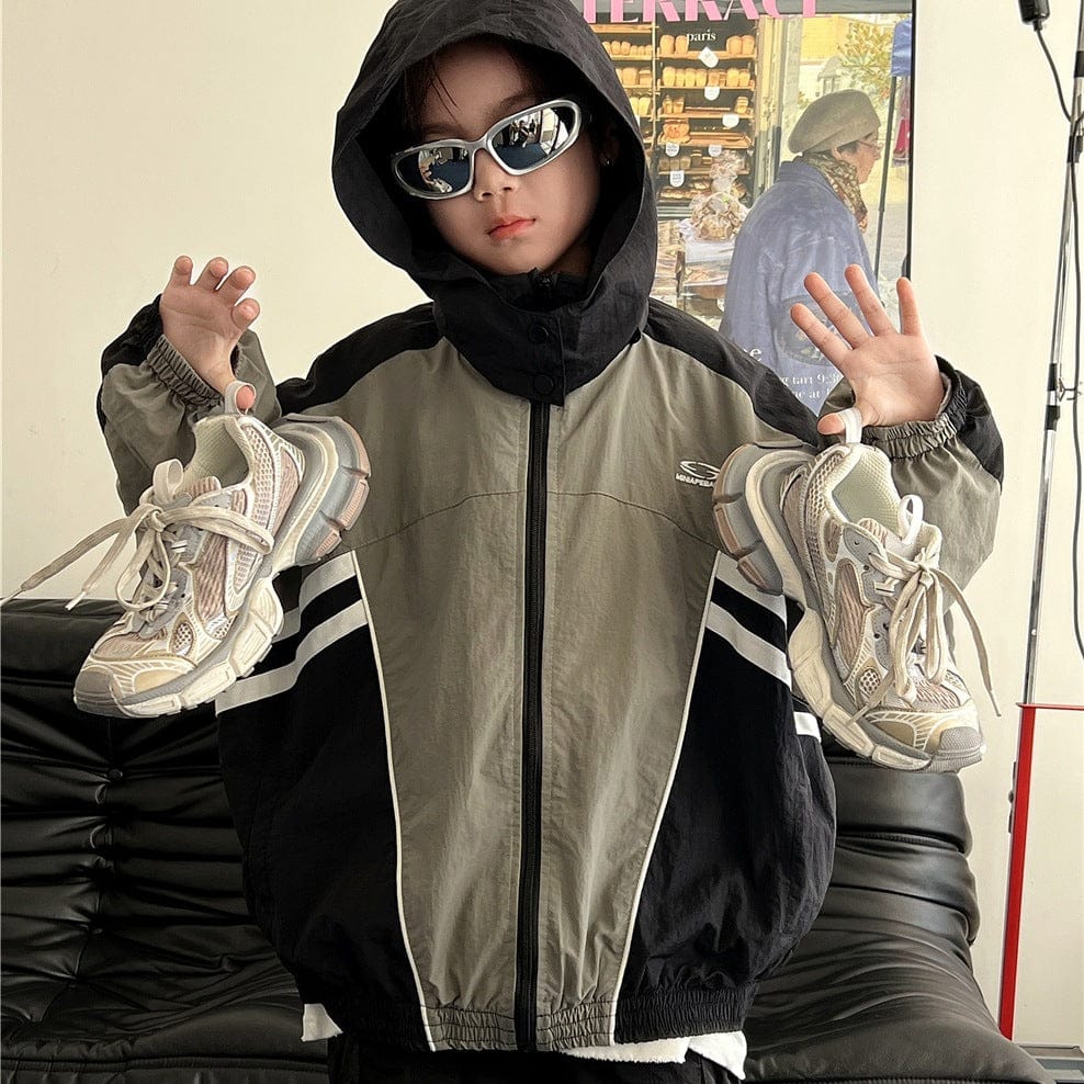 ショートコート・ジャケット・ジャンパー Green / 100cm キッズアウター カラーブロックパッチワークジップアップウィンドブレーカーブルゾンジャケット【mh0009130】