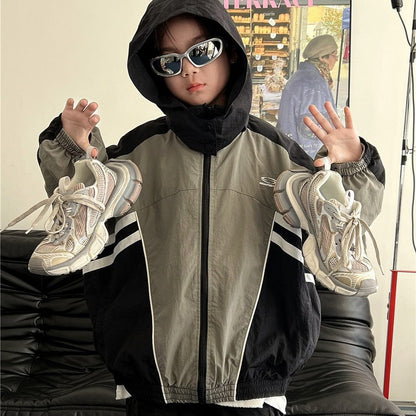 ショートコート・ジャケット・ジャンパー Green / 100cm キッズアウター カラーブロックパッチワークジップアップウィンドブレーカーブルゾンジャケット【mh0009130】