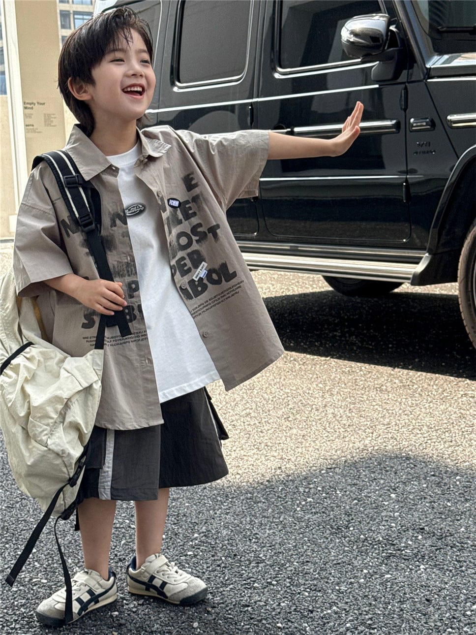 半袖シャツ・ブラウス Light Grey / 100cm ステンシルプリントビッグシルエット半袖シャツ【mh0009954】