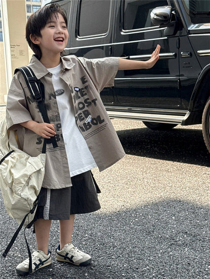 半袖シャツ・ブラウス Light Grey / 100cm ステンシルプリントビッグシルエット半袖シャツ【mh0009954】