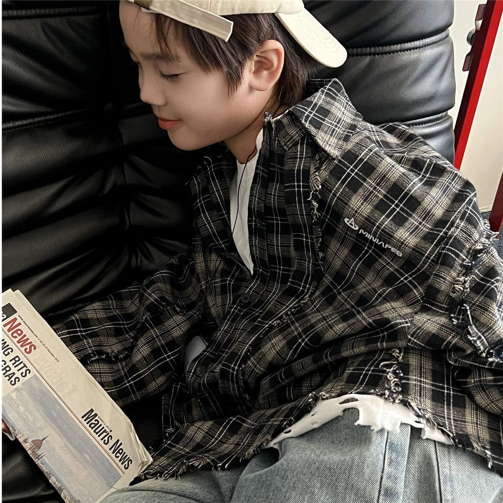 長袖シャツ・ブラウス キッズトップス チェックカットオフ長袖シャツ【mh0009138】