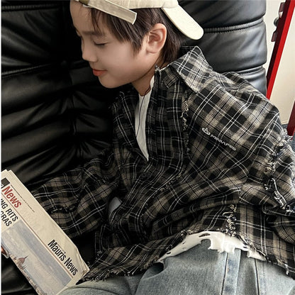 長袖シャツ・ブラウス キッズトップス チェックカットオフ長袖シャツ【mh0009138】