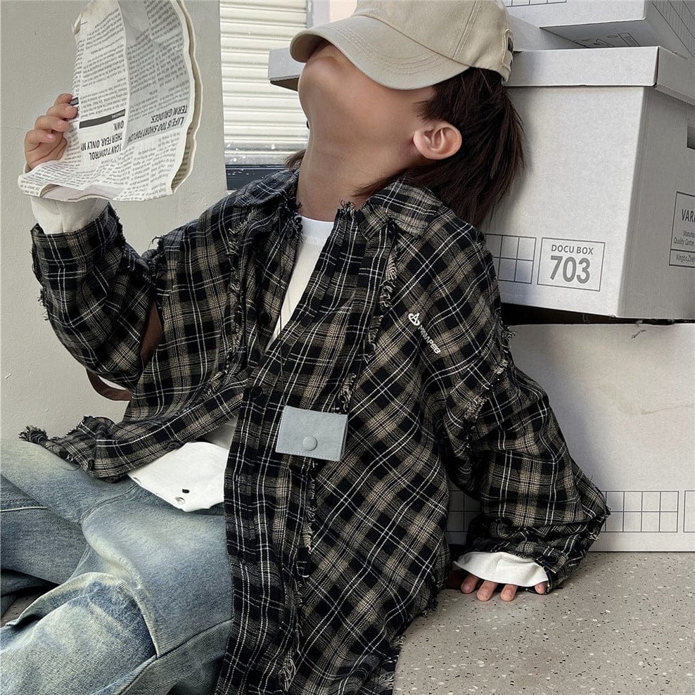 長袖シャツ・ブラウス キッズトップス チェックカットオフ長袖シャツ【mh0009138】