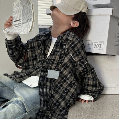 長袖シャツ・ブラウス キッズトップス チェックカットオフ長袖シャツ【mh0009138】