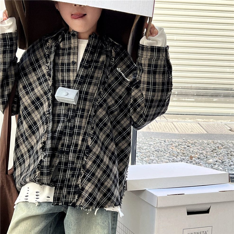 長袖シャツ・ブラウス キッズトップス チェックカットオフ長袖シャツ【mh0009138】