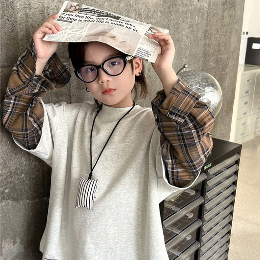 長袖シャツ・ブラウス キッズトップス チェックシャツドッキング長袖Tシャツ【mh0009136】