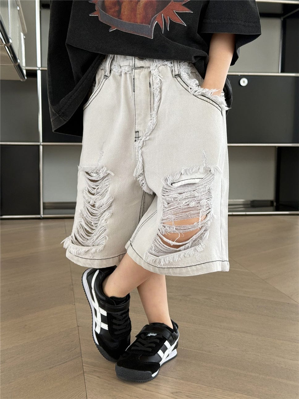 ハーフパンツ・ショートパンツ White Gray / 100cm ダメージ加工デニムハーフパンツ【mh0009961】