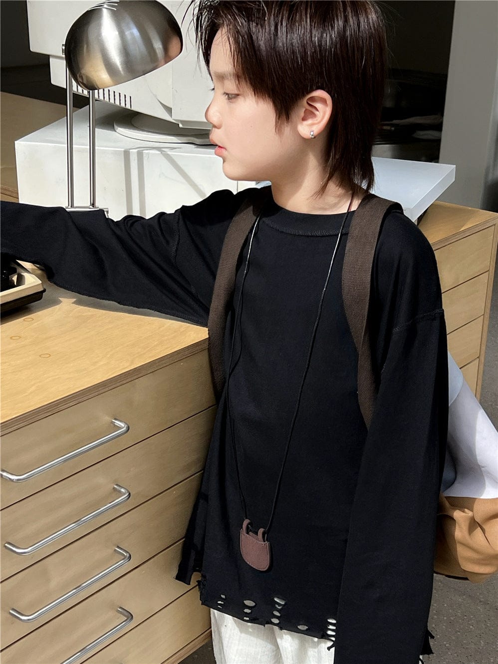 長袖Tシャツ Black / 90cm キッズトップス 裾ダメージ加工長袖Tシャツ【mh0009135】