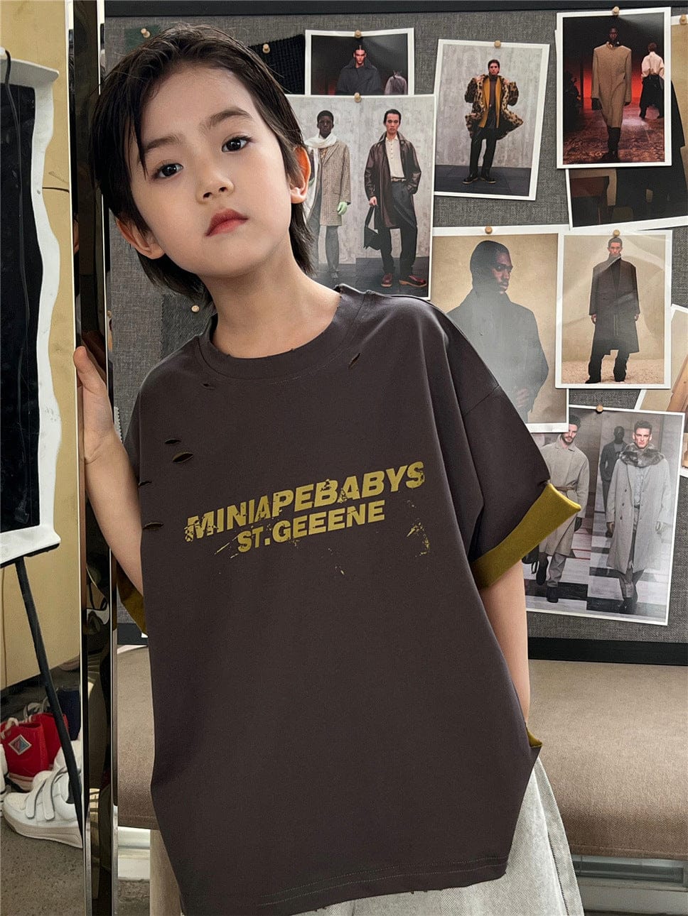 半袖Tシャツ Coffee / 100cm レターロゴプリントロールアップバイカラー半袖Tシャツ【mh0009945】