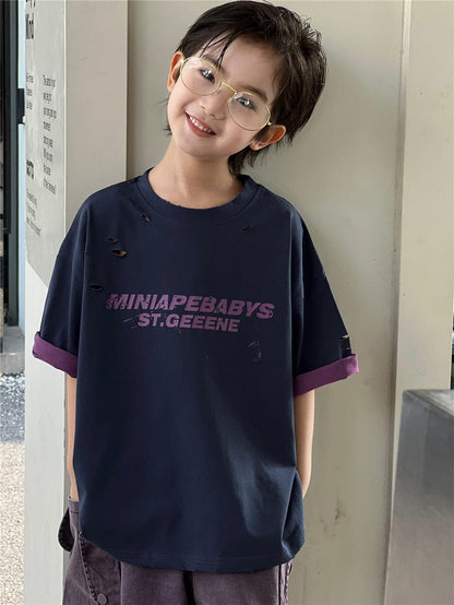 半袖Tシャツ Navy / 100cm レターロゴプリントロールアップバイカラー半袖Tシャツ【mh0009945】