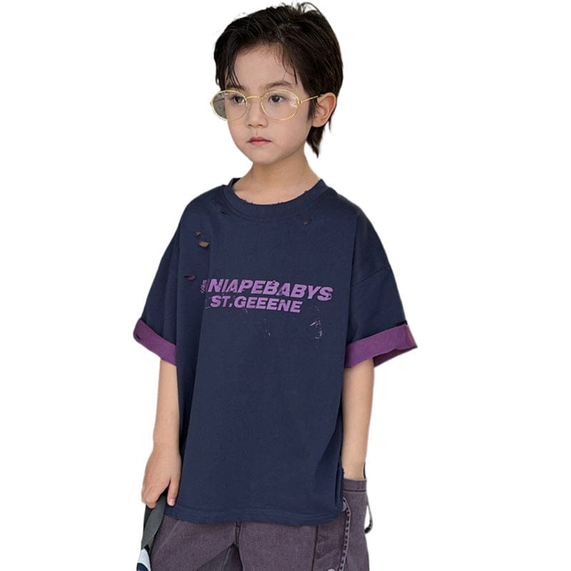 半袖Tシャツ レターロゴプリントロールアップバイカラー半袖Tシャツ【mh0009945】