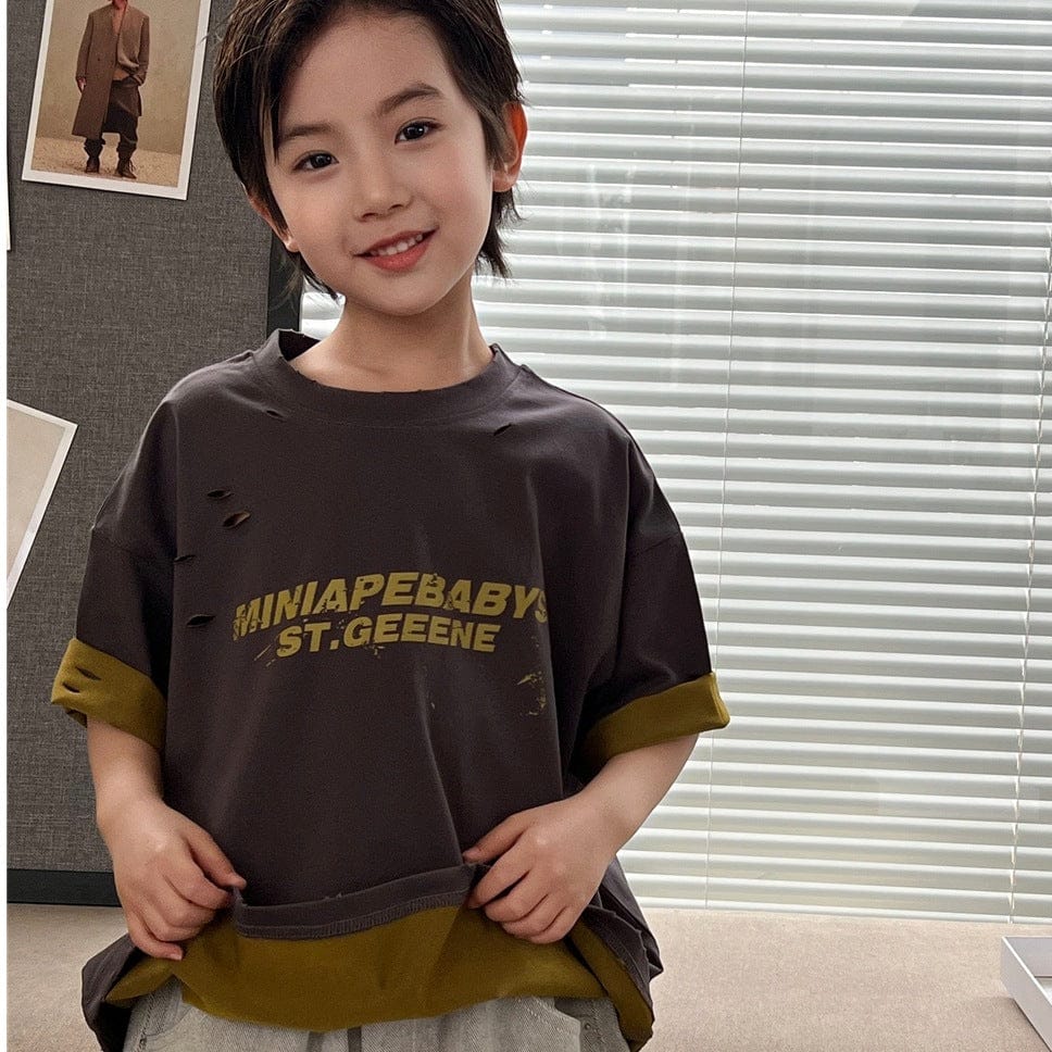 半袖Tシャツ レターロゴプリントロールアップバイカラー半袖Tシャツ【mh0009945】