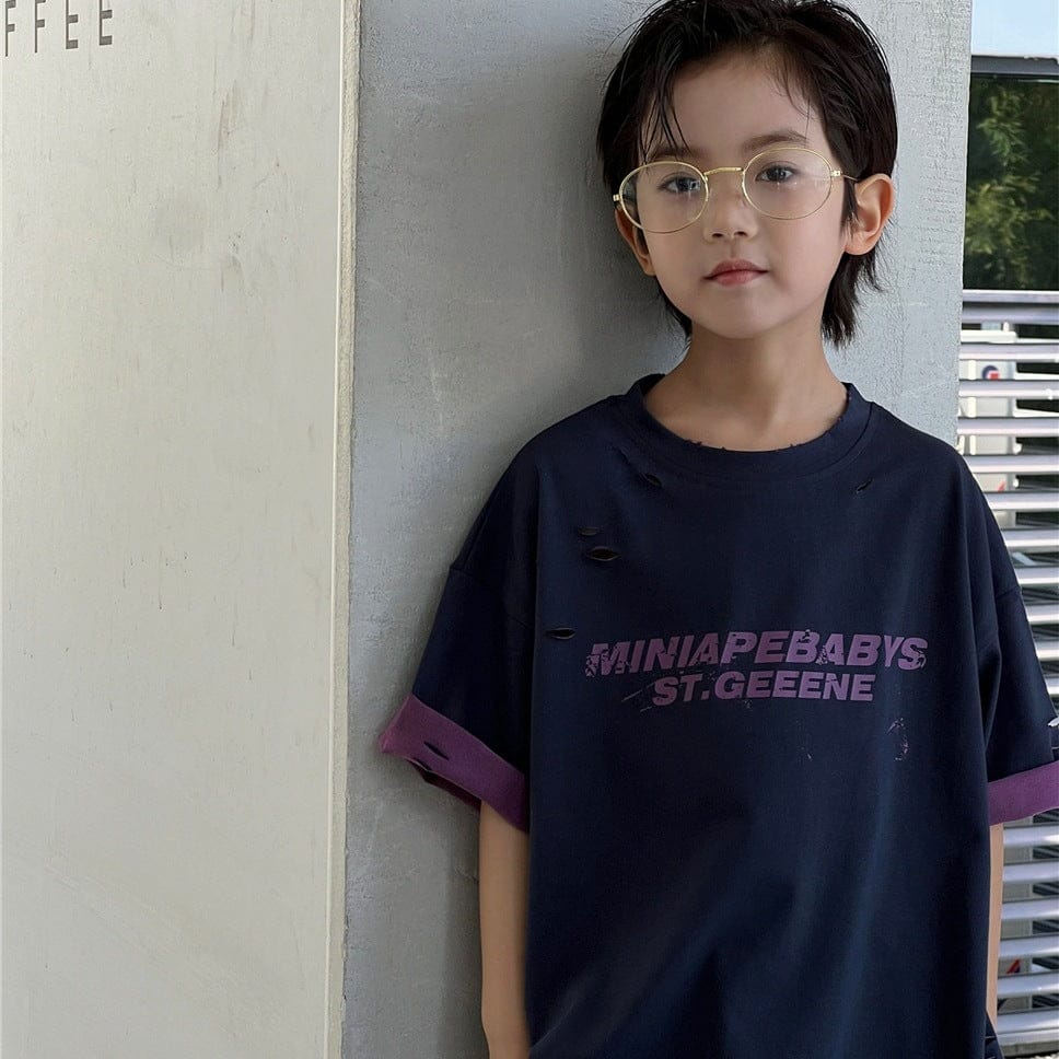 半袖Tシャツ レターロゴプリントロールアップバイカラー半袖Tシャツ【mh0009945】