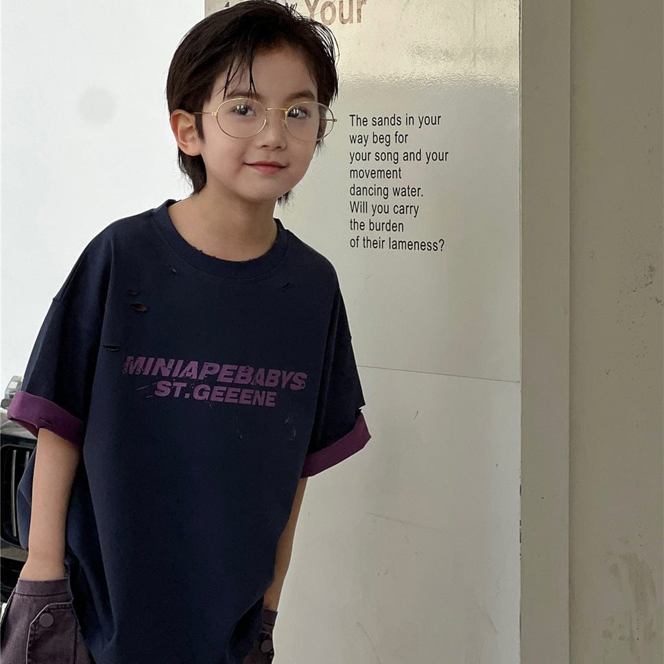 半袖Tシャツ レターロゴプリントロールアップバイカラー半袖Tシャツ【mh0009945】