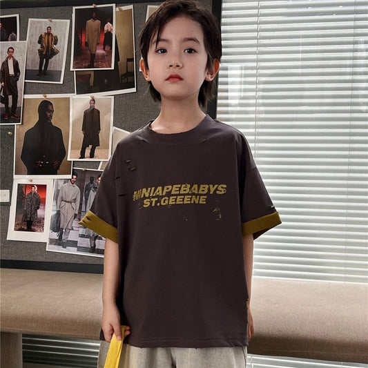 半袖Tシャツ レターロゴプリントロールアップバイカラー半袖Tシャツ【mh0009945】