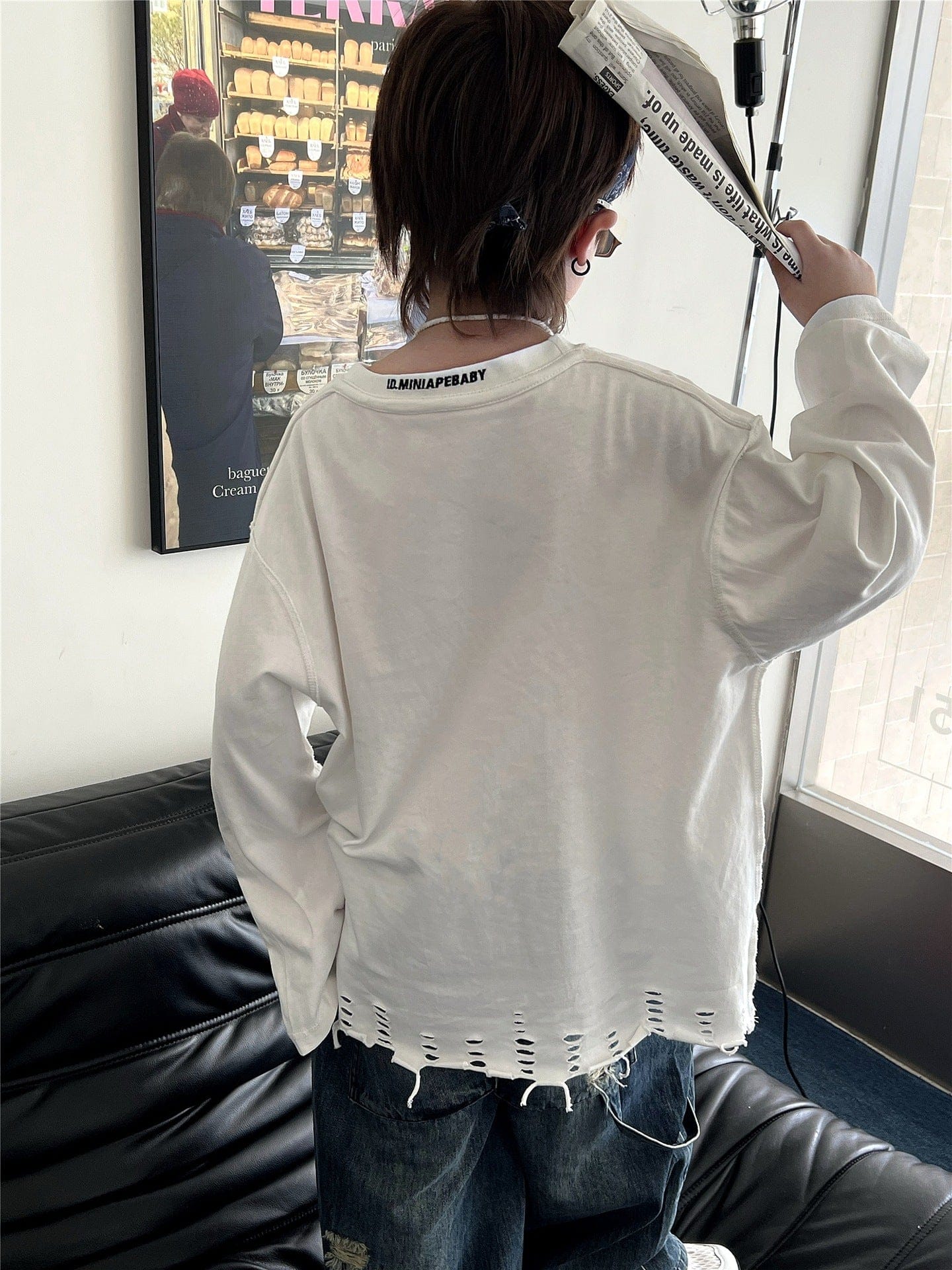 長袖Tシャツ White / 90cm キッズトップス 裾ダメージ加工長袖Tシャツ【mh0009135】