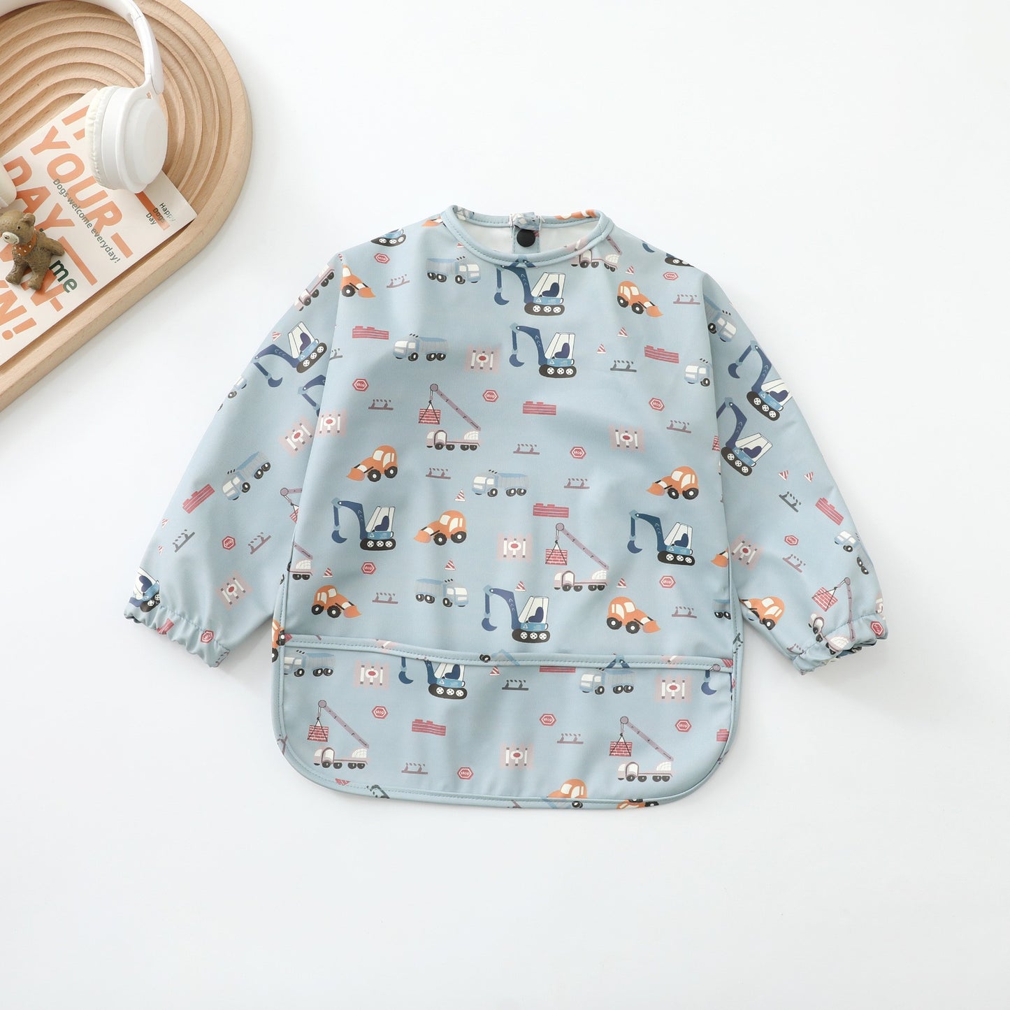 Soft Waterproof Long Sleeve Bib ソフト防水長袖お食事エプロン【mh0012240】 PU blue excavator / S mamahalo accessories よだれかけ