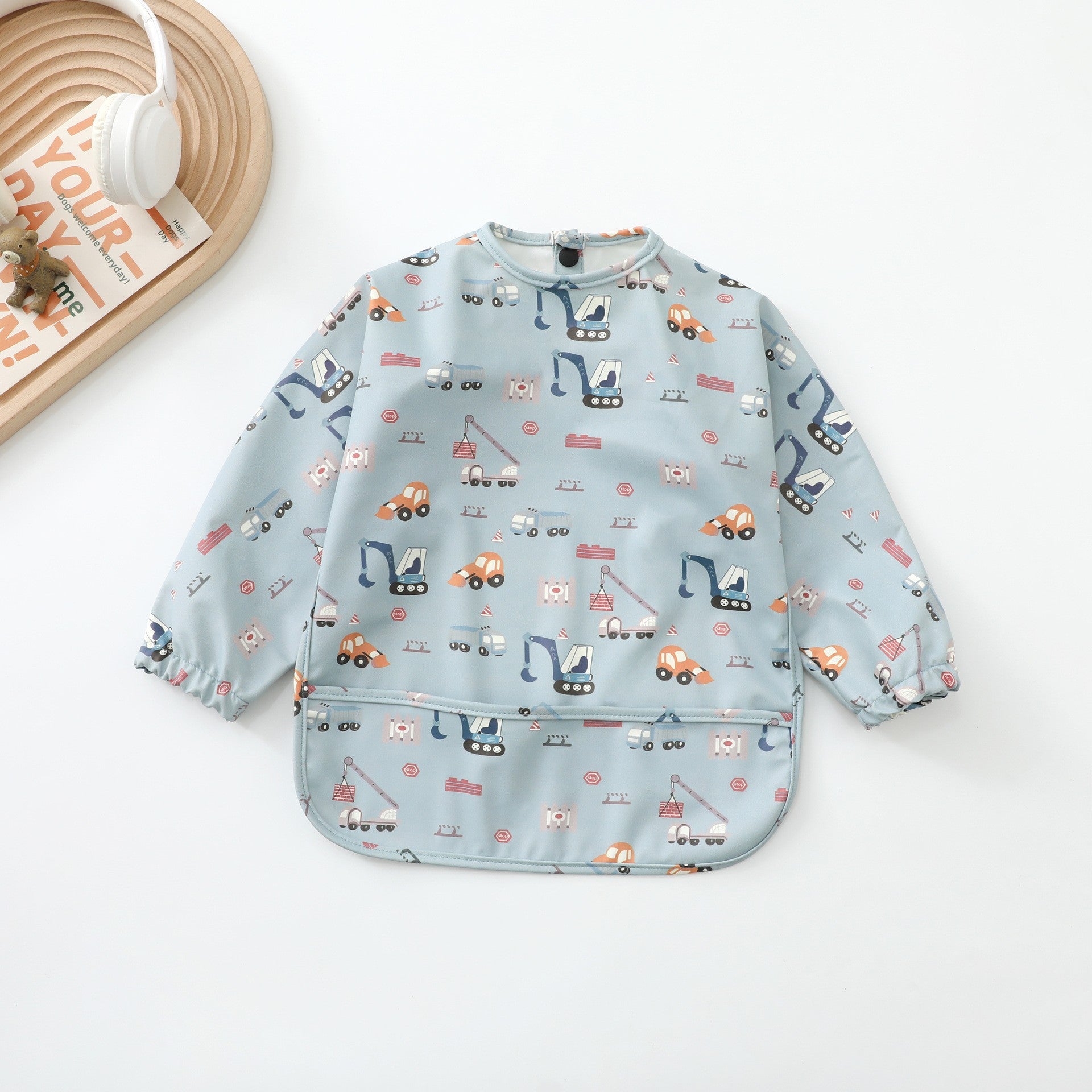 Soft Waterproof Long Sleeve Bib ソフト防水長袖お食事エプロン【mh0012240】 PU blue excavator / S mamahalo accessories よだれかけ