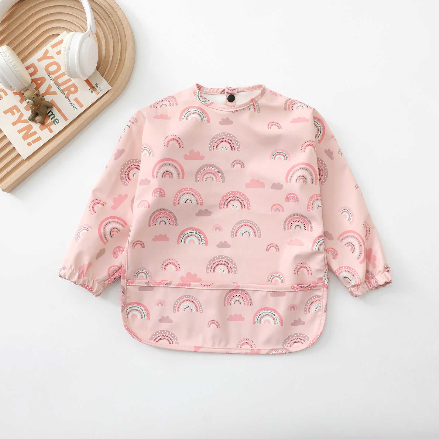 Soft Waterproof Long Sleeve Bib ソフト防水長袖お食事エプロン【mh0012240】 PU pink color rainbow / S mamahalo accessories よだれかけ